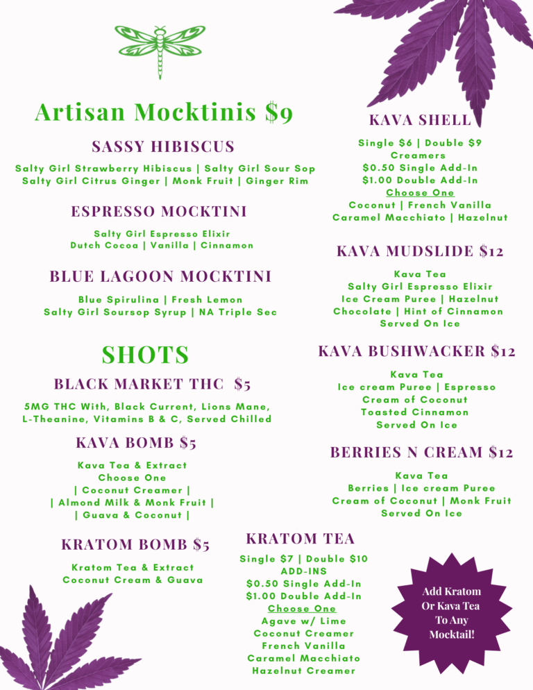 Dragonfly Lounge kava, kratom and shots menu